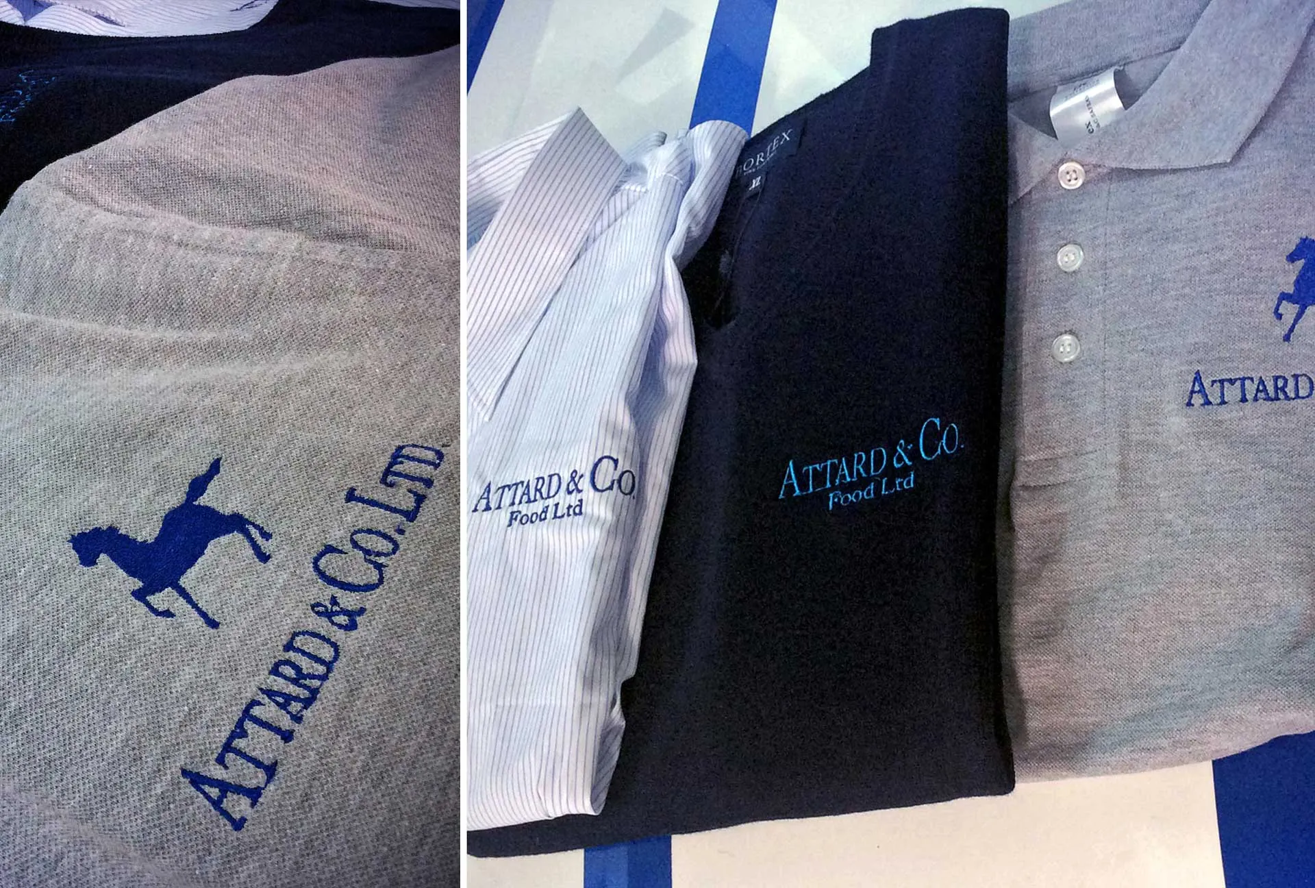 A collection of branded poloshirts produced for Attard & Co by Delta Media Services