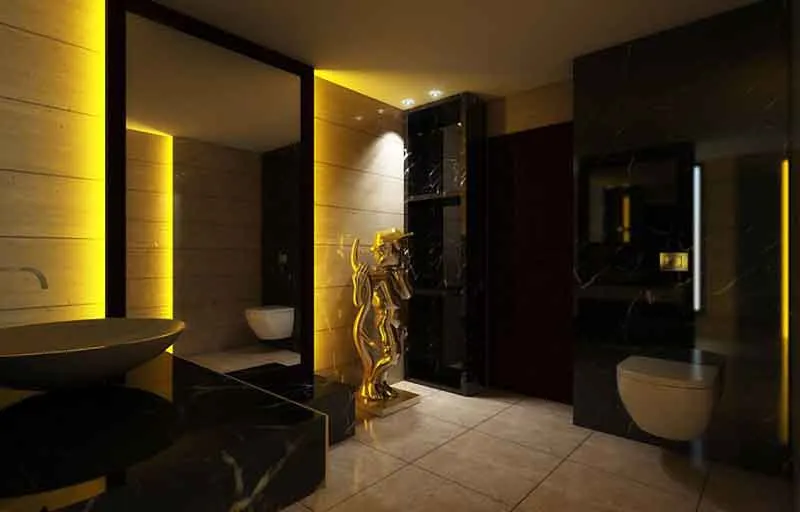 A 3D interior visualisation of a dark marble bathroom lit in gold