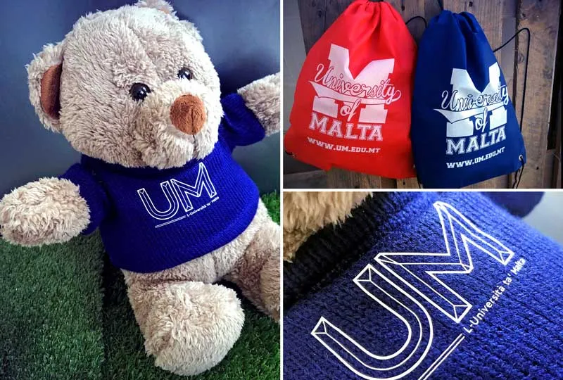 University of Malta branded merchandise — a printed hoodie on a teddy bear, two drawstring bags, and a close-up of the print