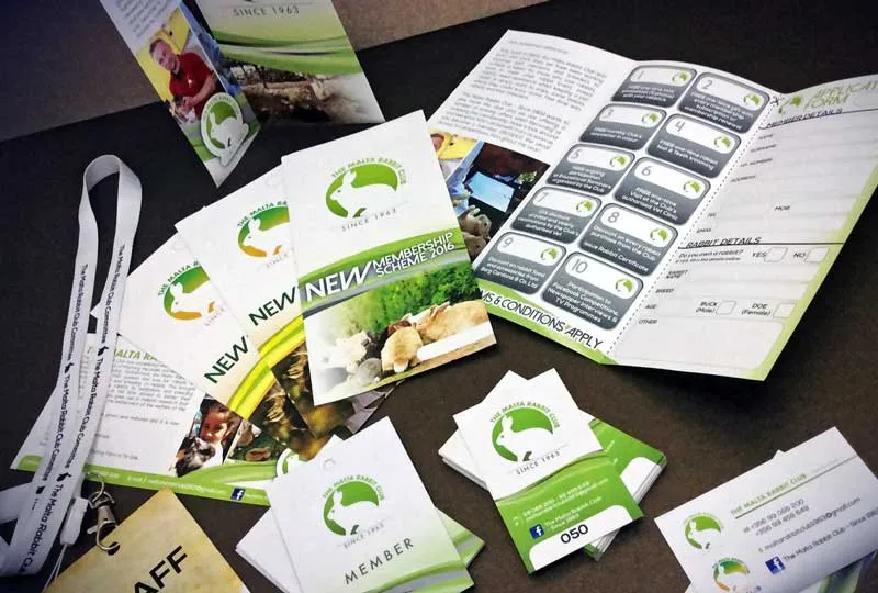 Printed leaflets, membership cards and a tear-off application form for the Malta Rabbit Club